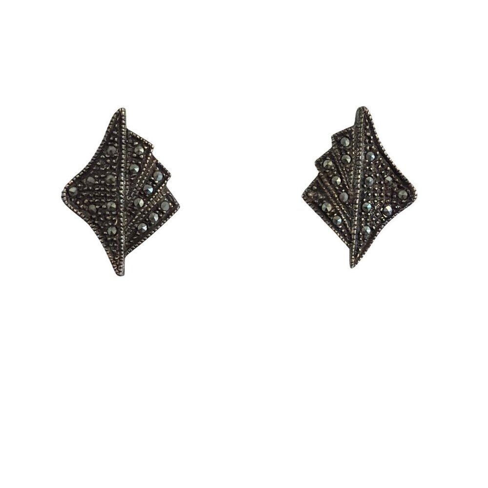 Vtg Sterling Silver Marcasite Leaf Pierced Earrings Fan MCM 1" Estate 4.85g READ